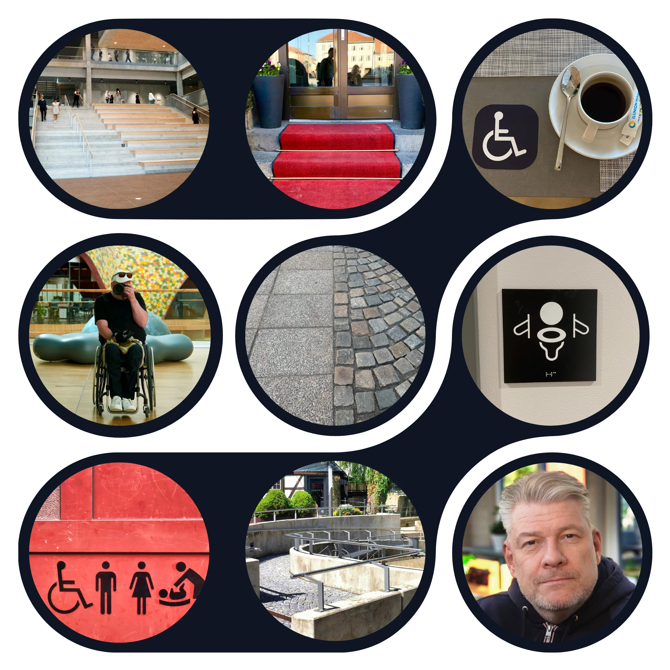 Nine of PeO's field photographs in round frames that bleed into each other and form patterns: a broad learning stair in an atrium. A red carpet laid over hotel entrance steps. A coffee cup beside a wheelchair placard. PeO photographing from his wheelchair in a museum. Smooth granite paving meeting cobblestones. A black toilet sign with braille. Four toilet pictograms on a red door. A curved concrete ramp in a historic square. And a portrait of PeO.