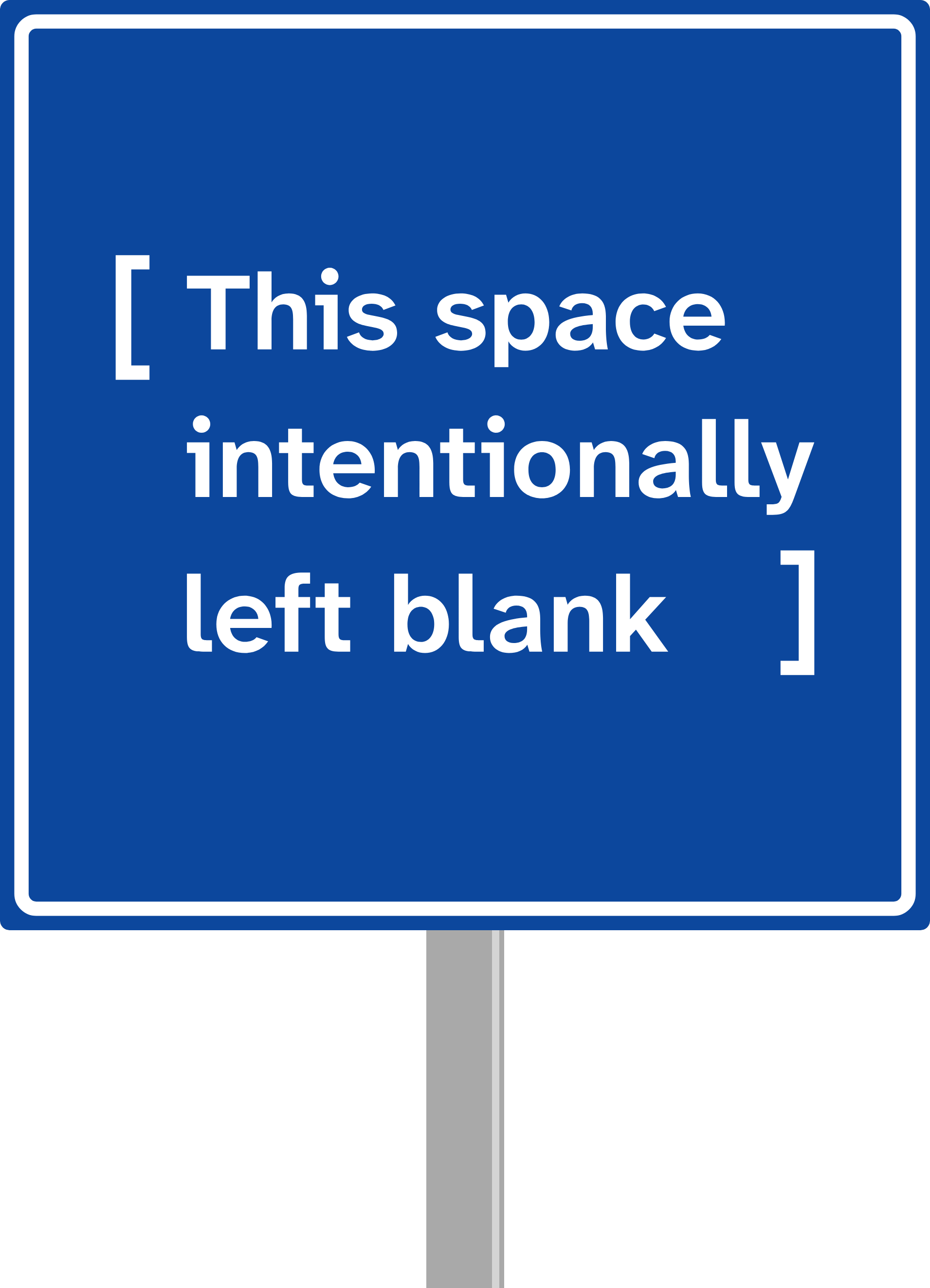 A deep blue wayfinding sign on a thin grey post. White text inside a thin white border reads, in brackets: This space intentionally left blank.