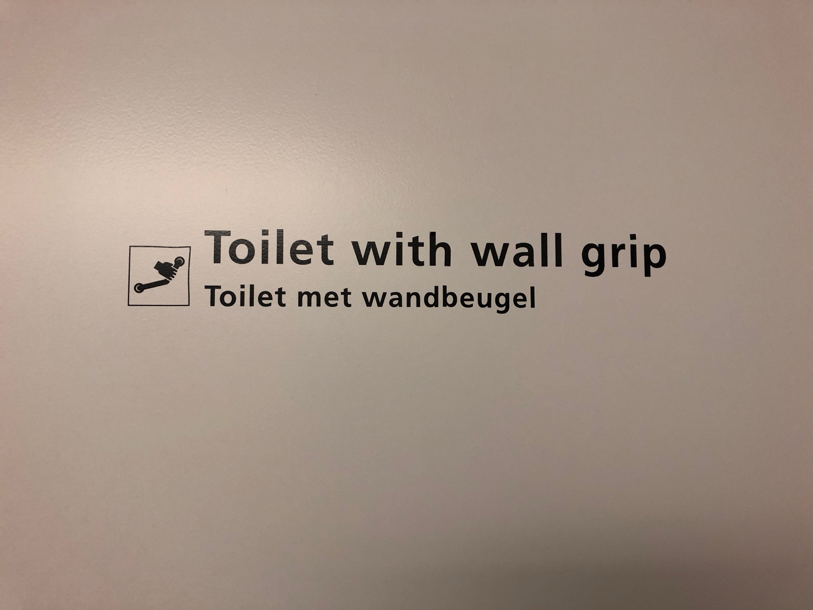 Toilet door sign with the words “toilet with wall grip”