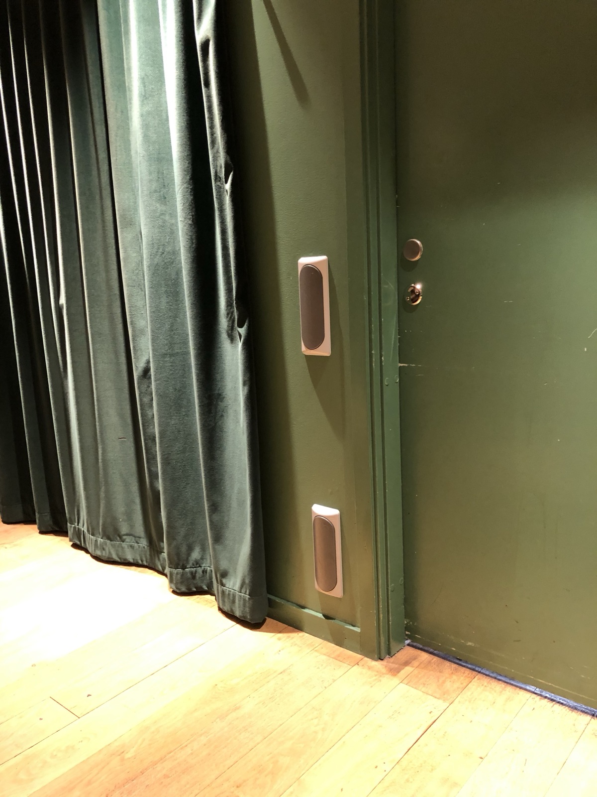 Green door on a green wall with a door-opening button at elbow height and a second one at foot height