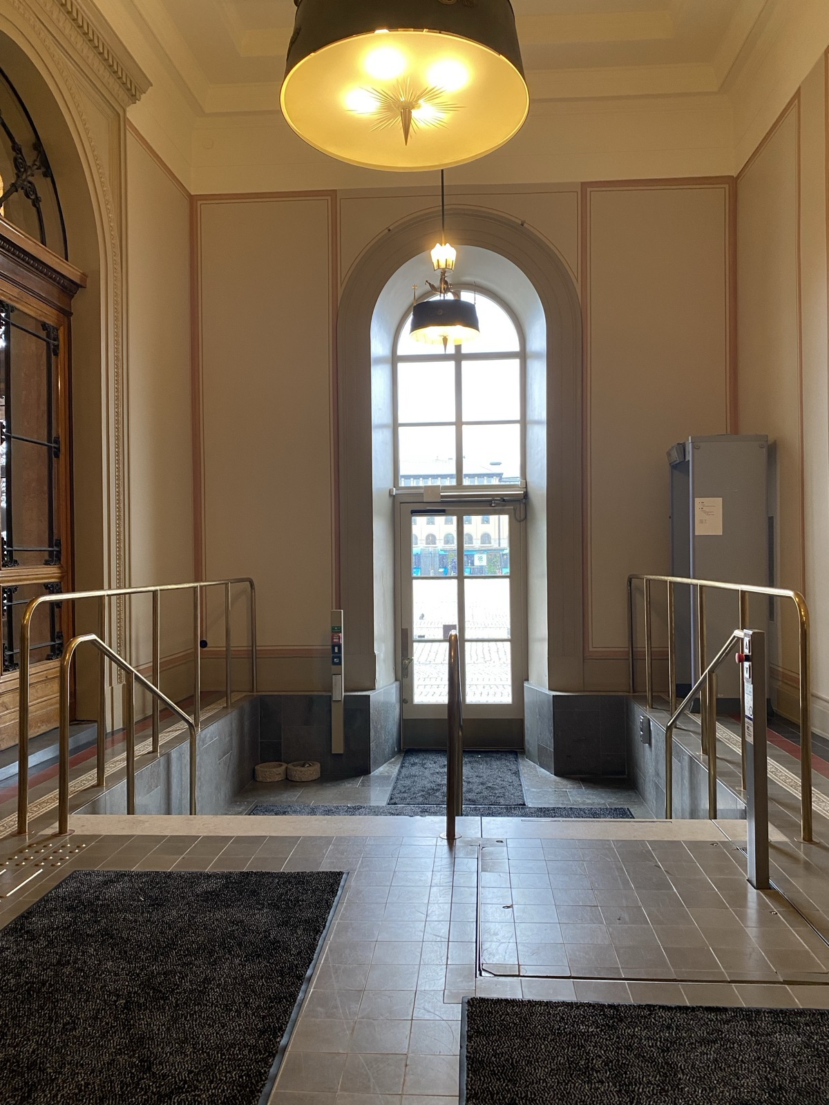 View from the top of a Flexstep installation, a staircase that can transform into a lift platform, in a heritage interior.