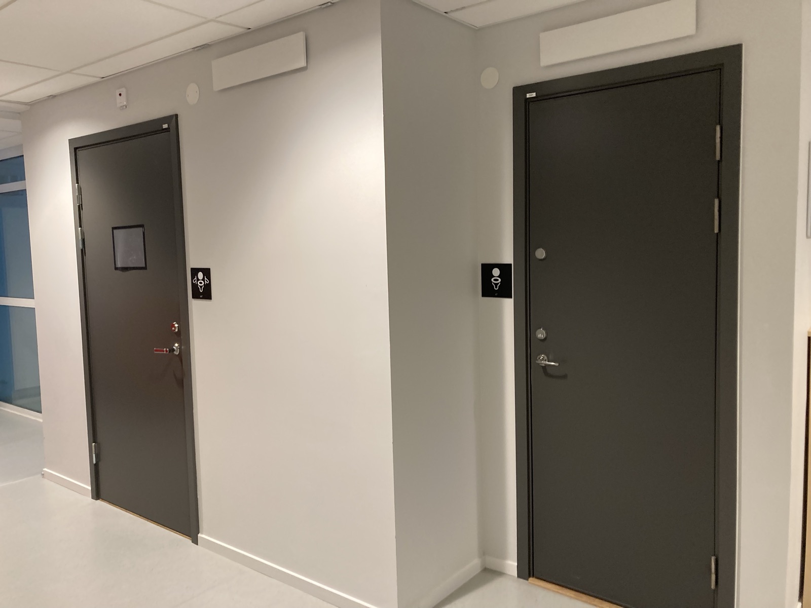 Two toilet doors with pictogram signs: a toilet, and a toilet with grab rails
