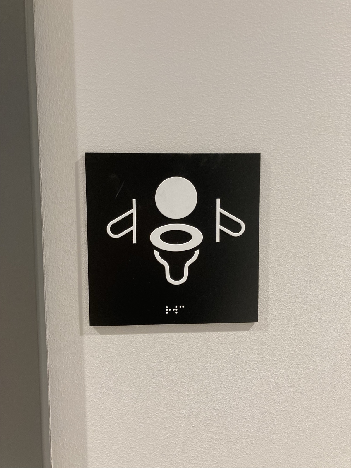 Close-up of a restroom sign, a black square with a white pictogram of a toilet with a grab rail. No person depicted.