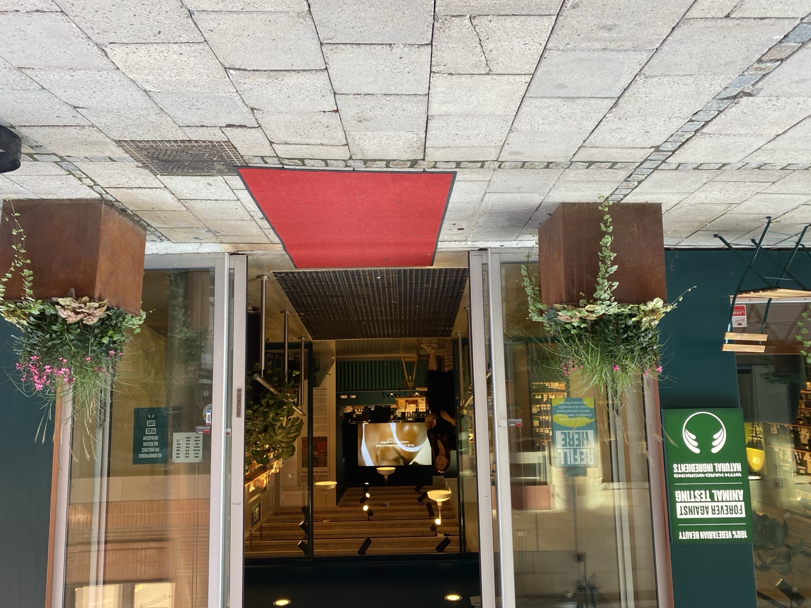Restaurant entrance on a walking street. A red carpet laid flat on the pavement, and a ramp with handrails leading up into the entrance.