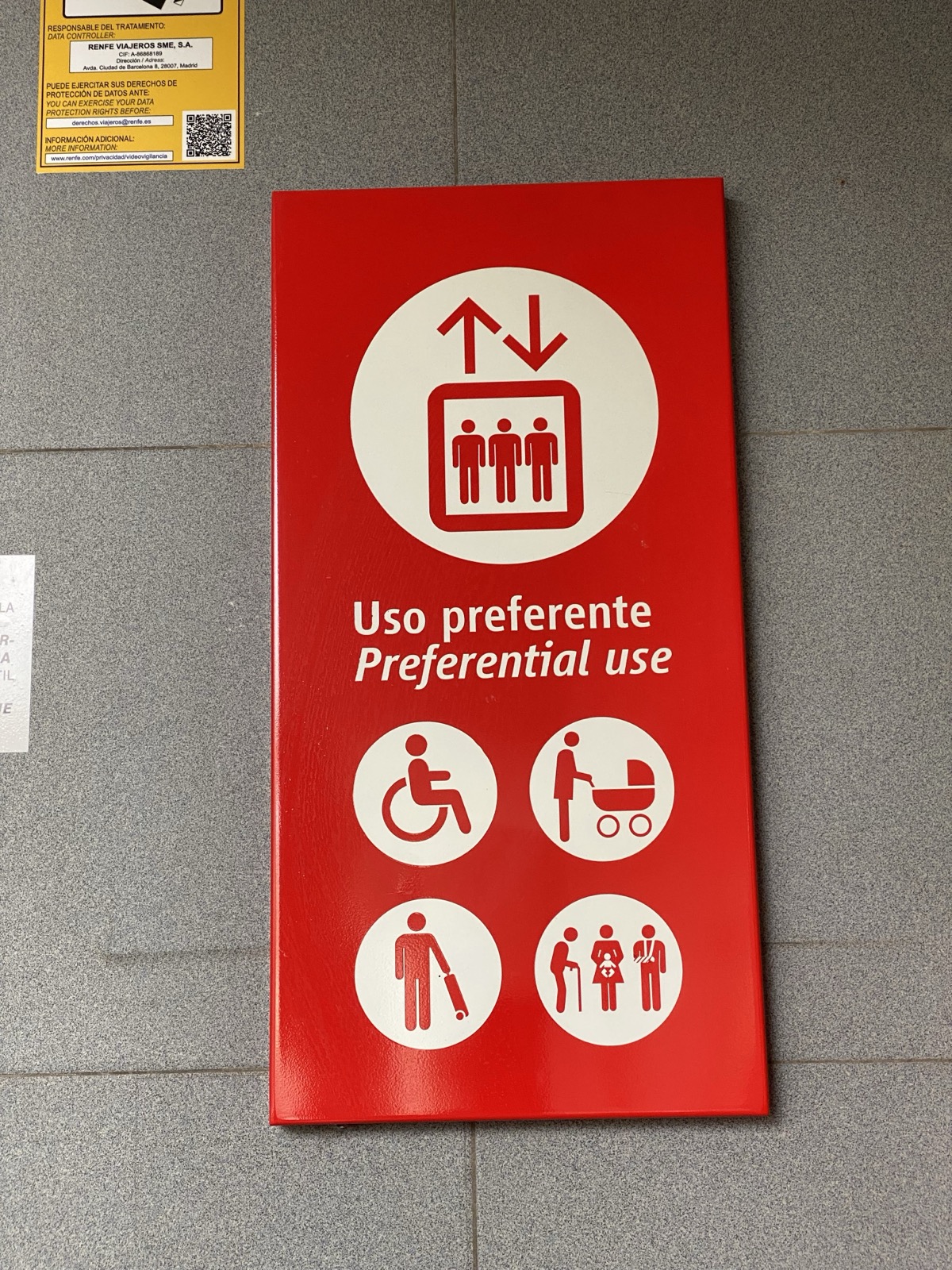 Red sign at a Renfe station in Málaga reading Uso preferente, Preferential use, with an elevator icon on top and a column of round icons below, among them a wheelchair user, a person pushing a pram, a traveller with a wheeled suitcase, and a group of figures with a cane, a pregnancy, and a bag.