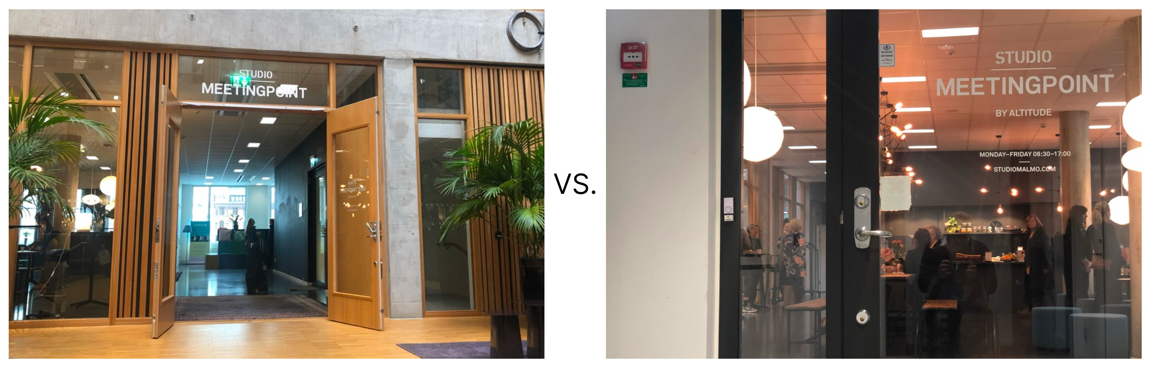 Two entrances, two experiences: 1) Open doors, carpets, plants and the aroma of coffee and warm cinnamon buns; 2) a locked door and a doorbell to ring to be let in.