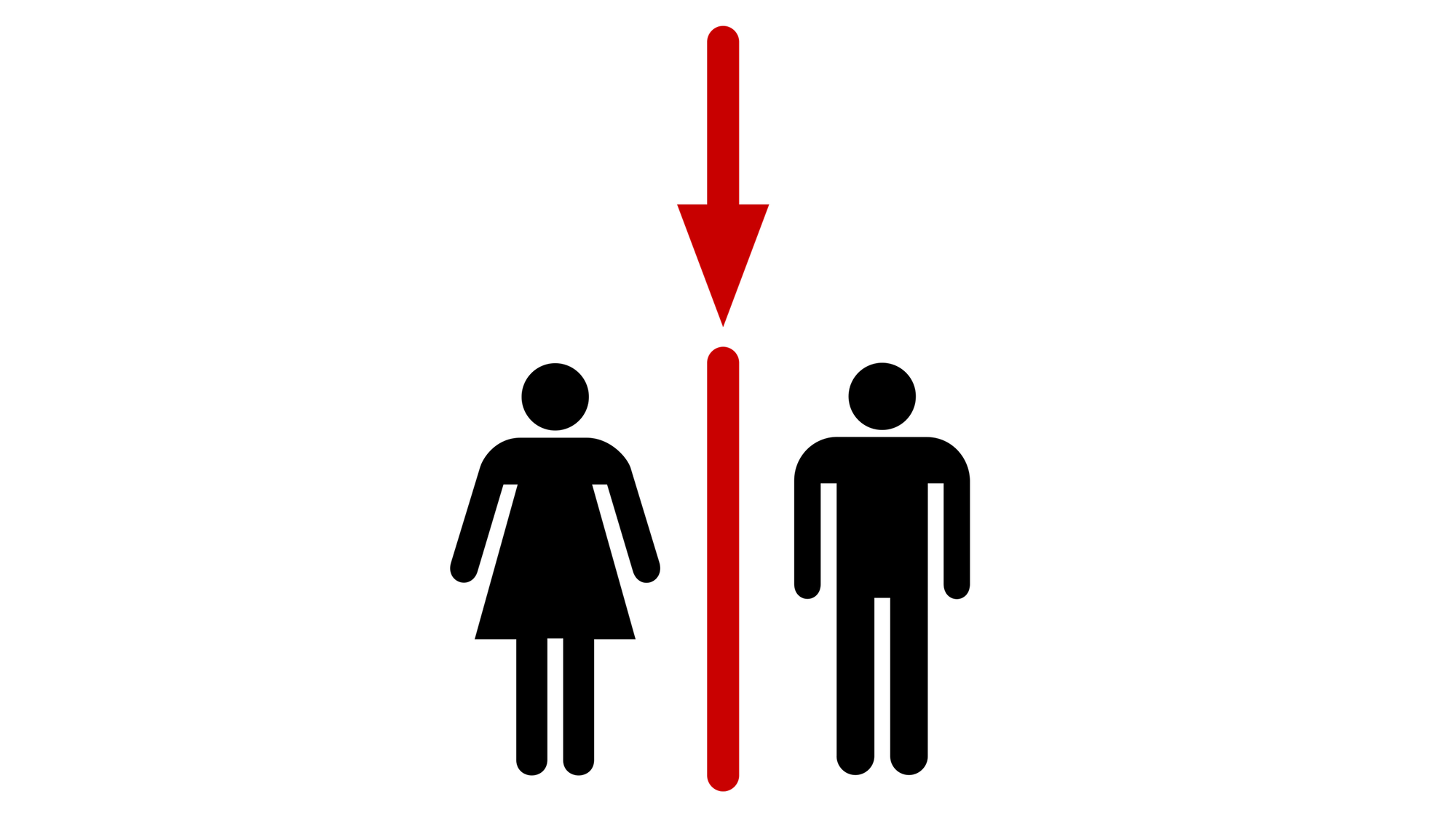 A toilet sign with a man and a woman. I have highlighted the line between them in red to emphasise the division between them.