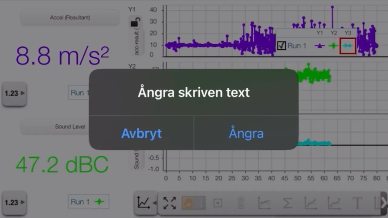 Screenshot of the SparkVue app from our walk, showing intense vibrations. The graphs are covered by a "Shake to Undo" prompt.