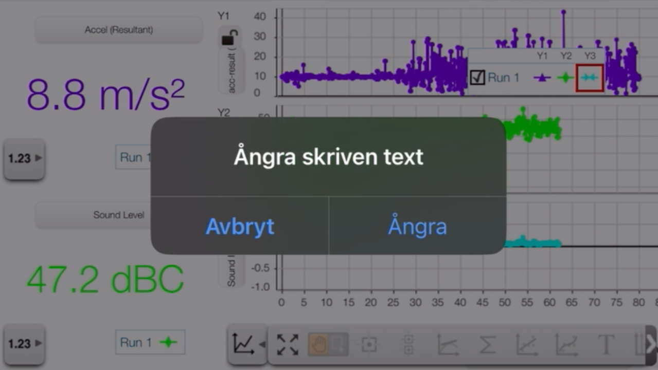 Screenshot of the SparkVue app from our walk, showing intense vibrations. The graphs are covered by a "Shake to Undo" prompt.