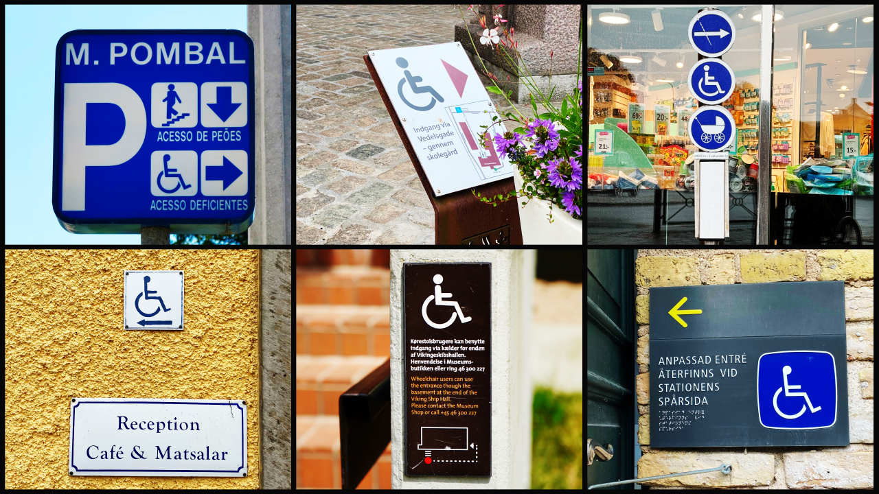 A photo collage of six signs with a person in a wheelchair and an arrow pointing to a separate entrance.