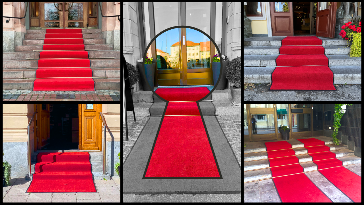 Collage av fem entréer med röda mattor. I mittpanelen ramar en svart nyckelhålsform in en röd matta som leder till en gyllene dörr. Runt omkring ligger röda mattor över stentrappor vid fyra andra entréer.