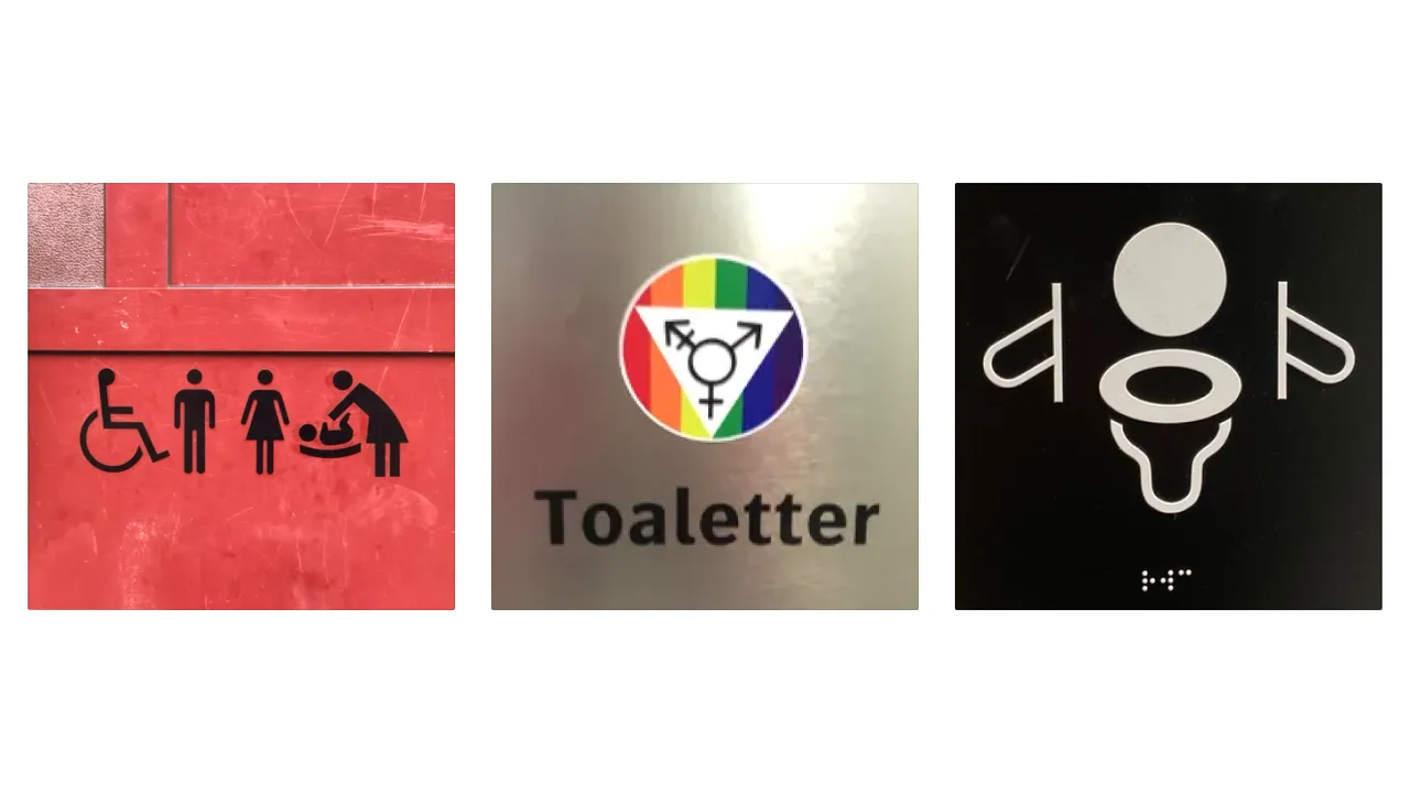 Three toilet signs, from left to right, showing a row with four pictograms of persons, an all-gender sign, and a water closet with handrails.