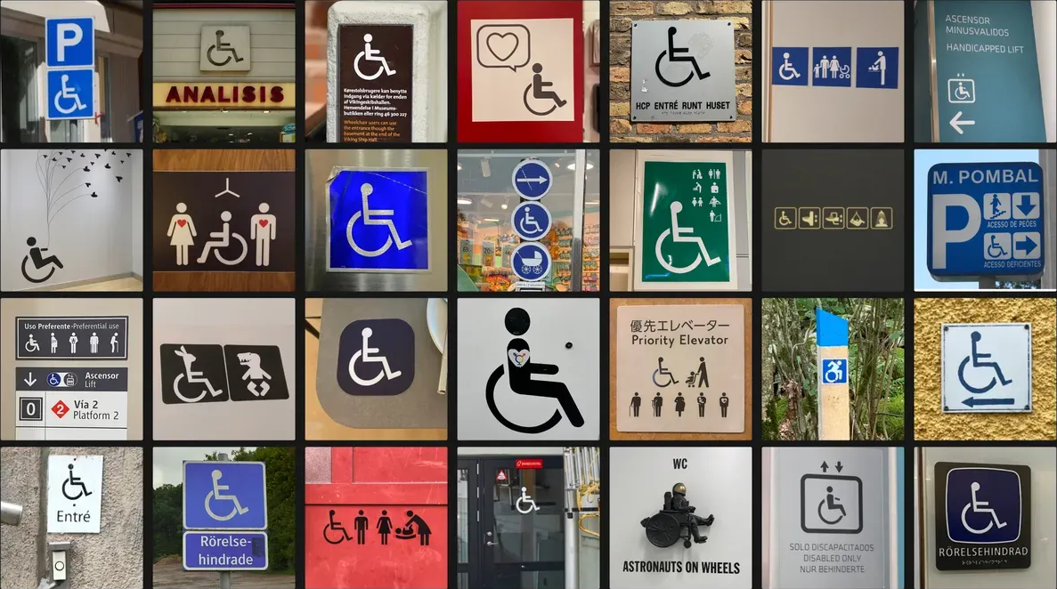 28 wheelchair signs from around the world displaying the widespread use of conditional access.